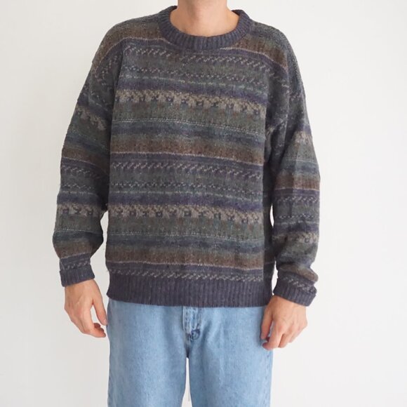 Vintage Eddie Bauer Wool Sweater Blue Green Brown Fair Isle Knit 90s Crewneck M - Picture 1 of 11